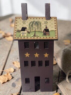 Crazy Mountain Wooden Folk Art Lighted House Vintage Stars Americana Plug In